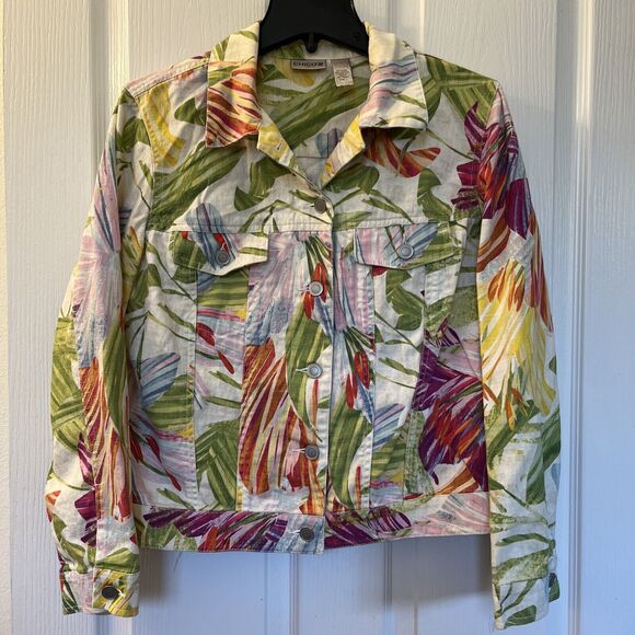 Chicos Floral Jacket Women’s Size 1 (8 - 10) Linen Blend Tropical Button Front - Picture 1 of 7